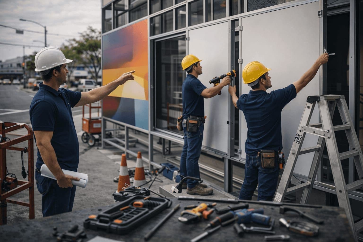 Team supervising a signage installation on site