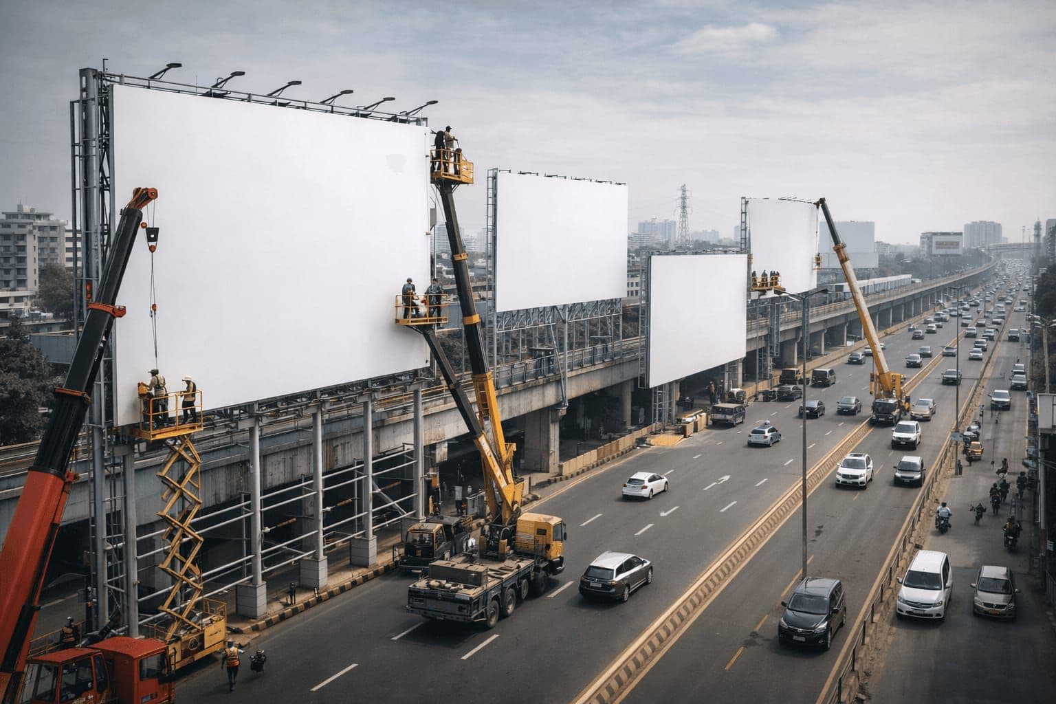 Crew installing a large-format hoarding structure